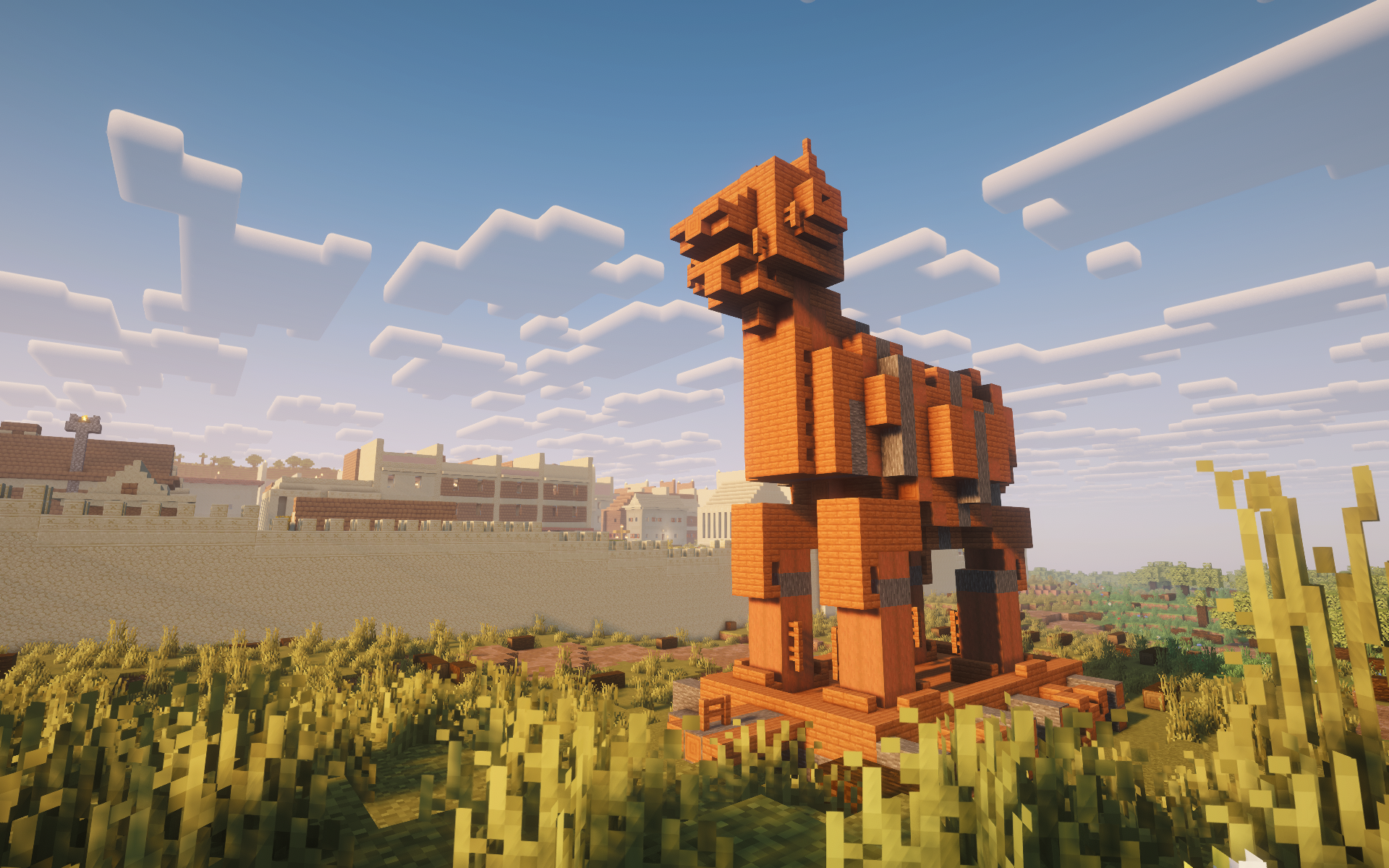 A giant wooden horse built in a sunlit Minecraft landscape