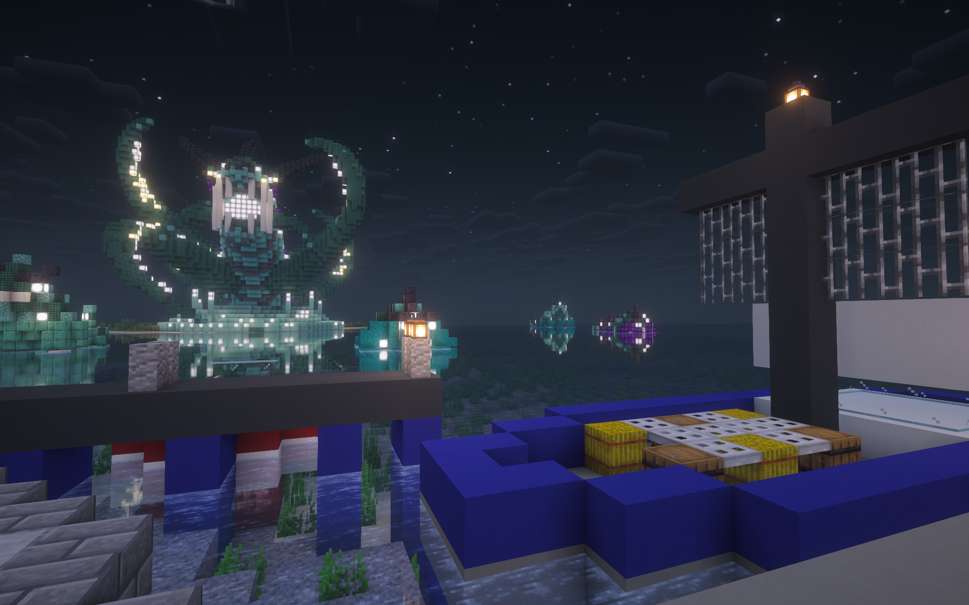A luminous sea creature rising from a Minecraft ocean at night